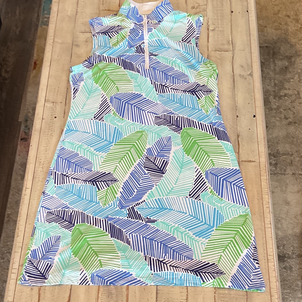 Ibkul Sleeveless Palm Leaf Print Dress tennis golf pickleball large UPF